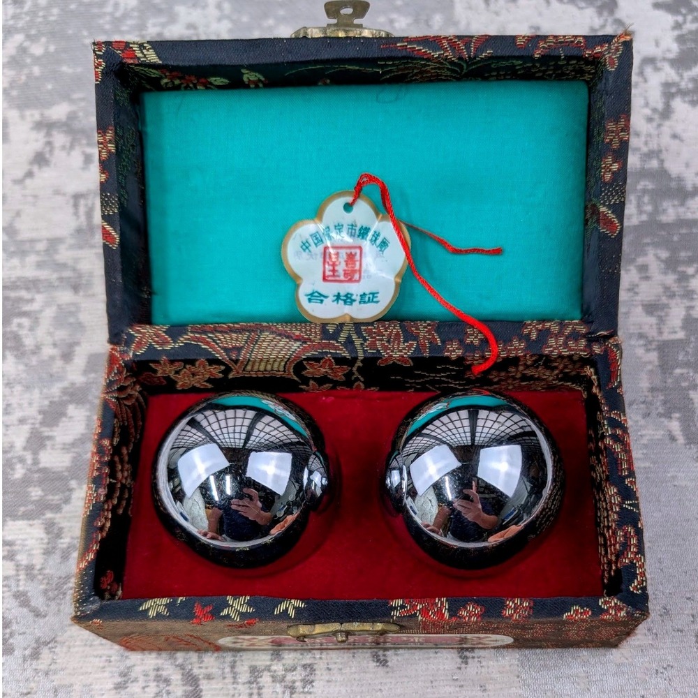 Vintage Shouxing Baoding Balls Set Chrome Meditation Chime Health Balls with Box